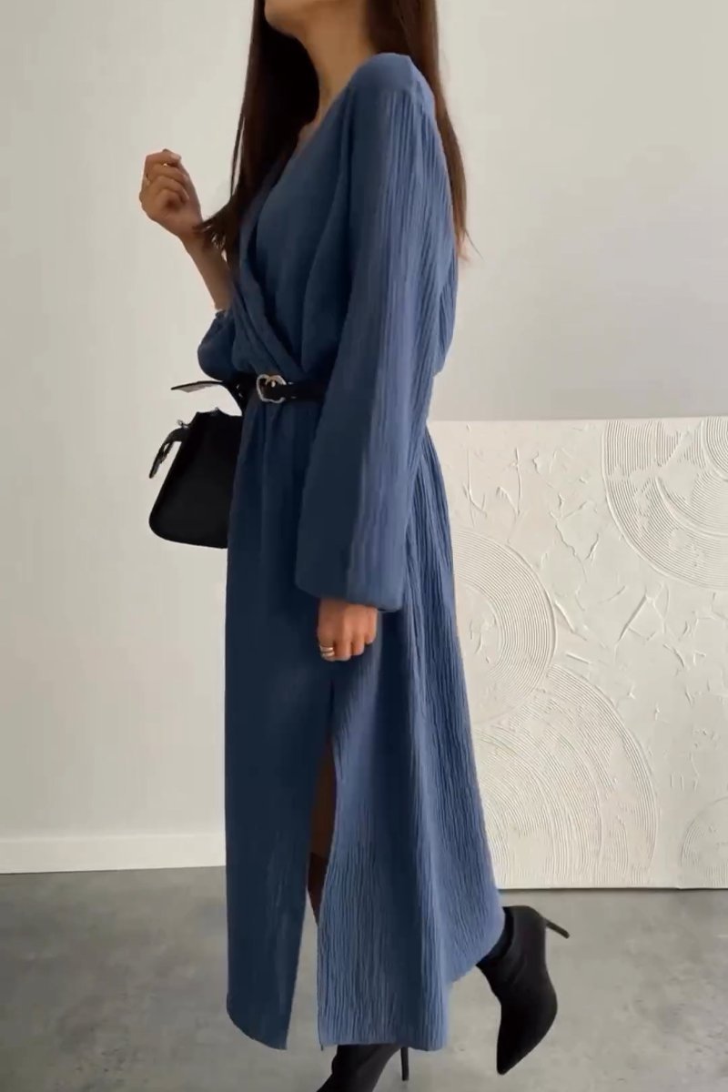 Women Plain V Neck Long Sleeve Comfy Casual Midi Dress