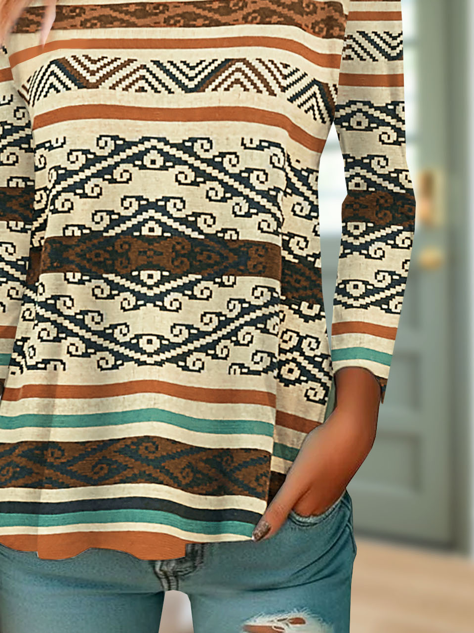 Vintage Ethnic Crew Neck Long Sleeve T-shirt