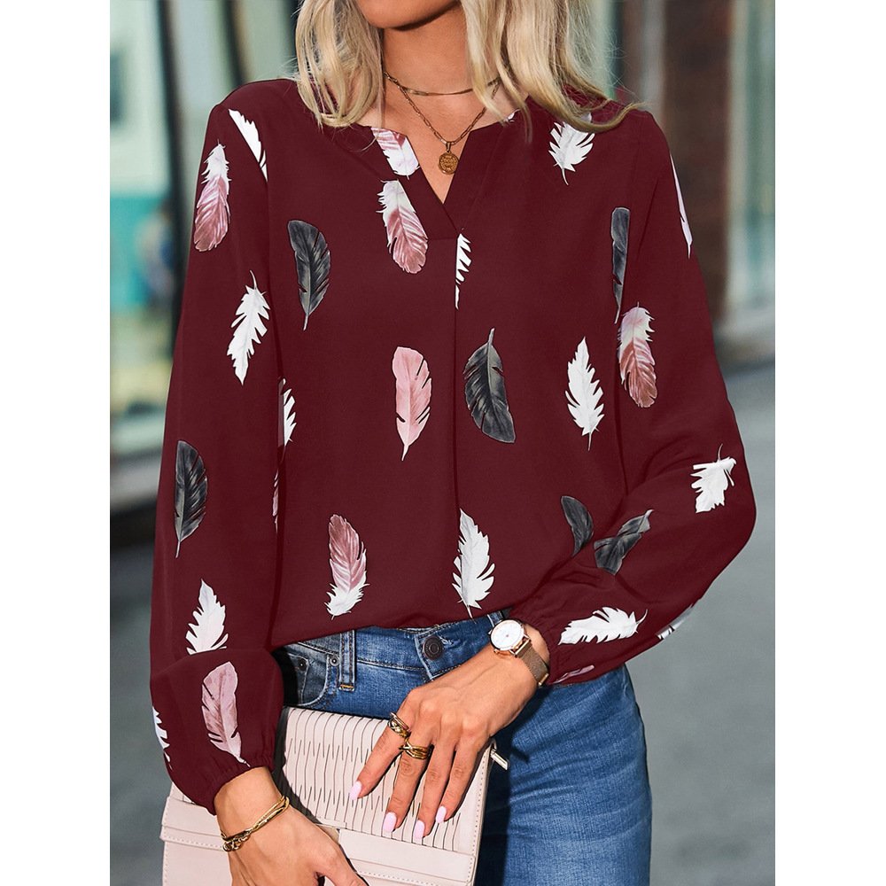 Crew Neck Long Sleeve Leaf Regular Micro-Elasticity Loose Blouse For Women