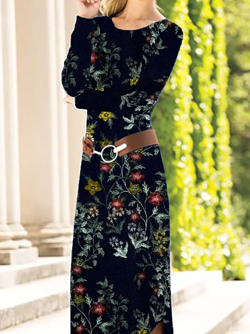 Women Floral Crew Neck Long Sleeve Comfy Casual Midi Dress