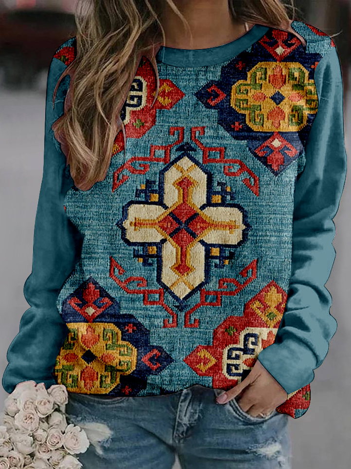 Casual Crew Neck Ethnic Sweatshirt