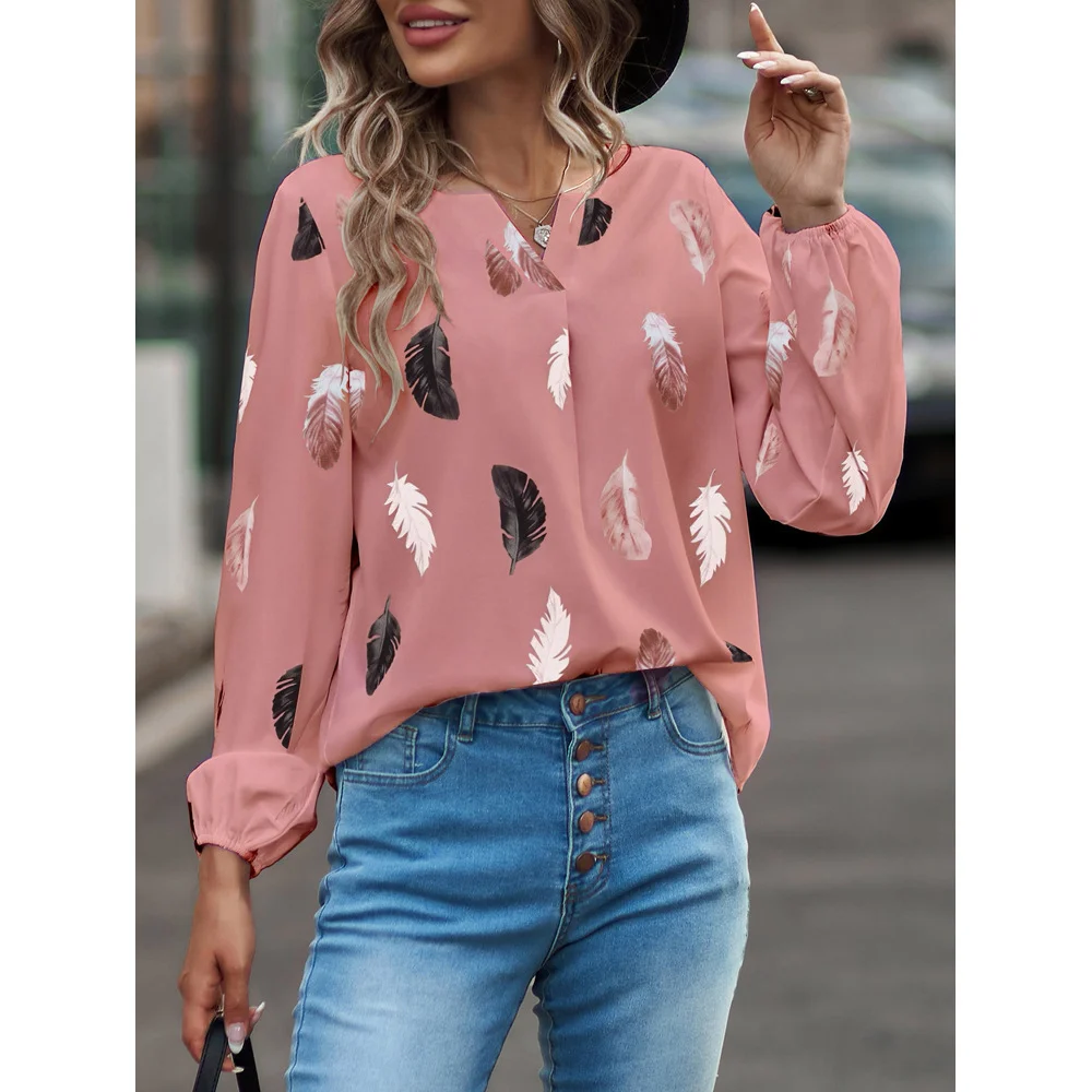 Crew Neck Long Sleeve Leaf Regular Micro-Elasticity Loose Blouse For Women