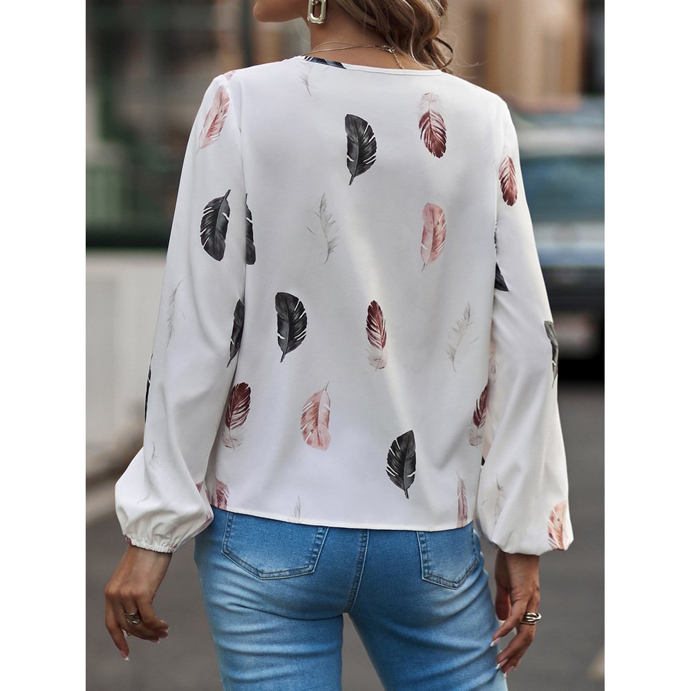 Crew Neck Long Sleeve Leaf Regular Micro-Elasticity Loose Blouse For Women