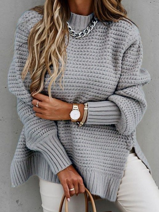 Women Yarn/Wool Yarn Plain Long Sleeve Comfy Casual Sweater