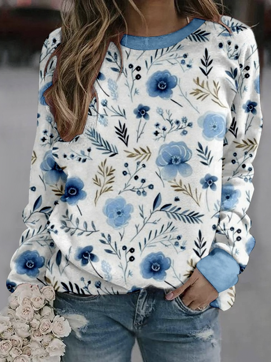 Casual Crew Neck Floral Sweatshirt