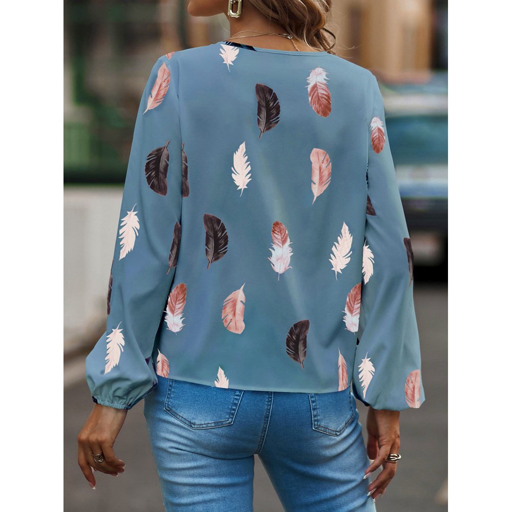 Crew Neck Long Sleeve Leaf Regular Micro-Elasticity Loose Blouse For Women