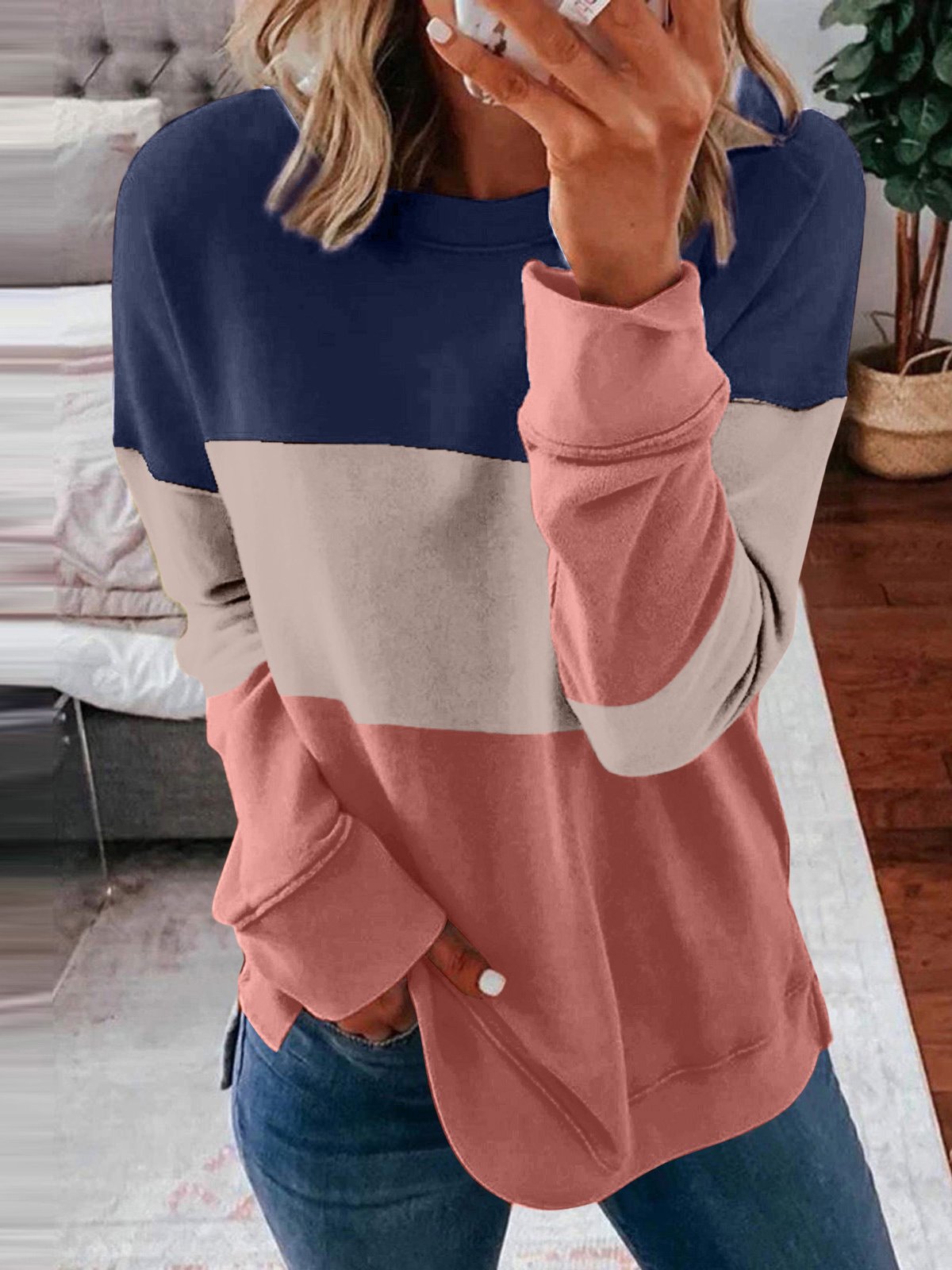 Casual Crew Neck Color Block Sweatshirt