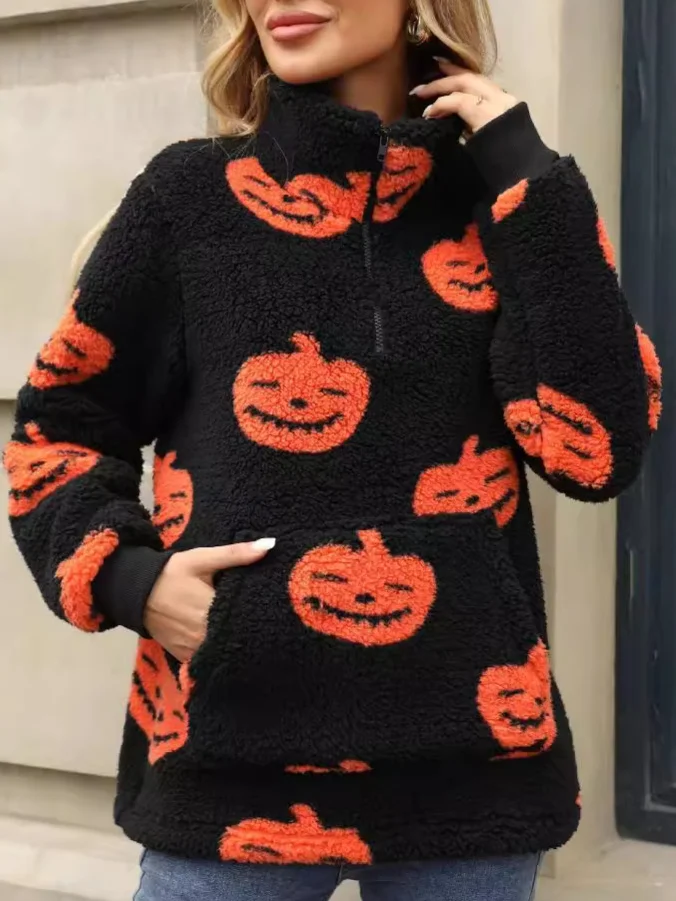 Casual Halloween Pumpkin Pattern Loose Fleece Sweatshirt