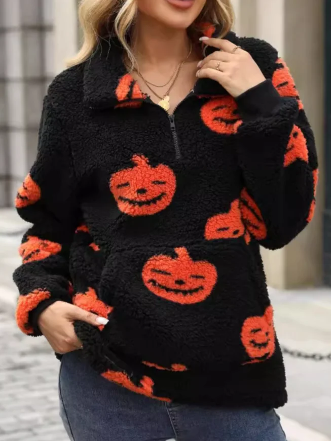 Casual Halloween Pumpkin Pattern Loose Fleece Sweatshirt