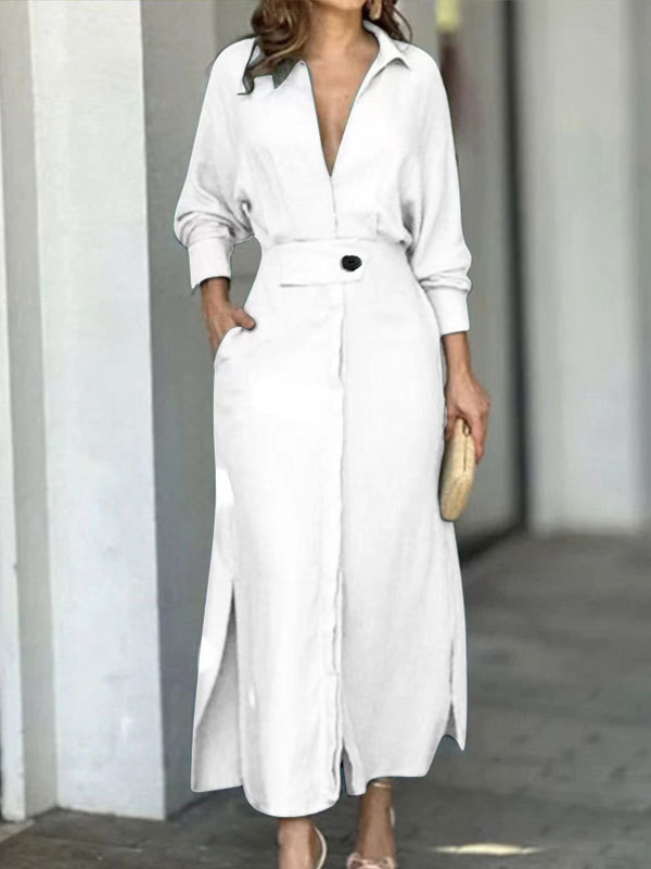 Women Plain Shawl Collar Long Sleeve Comfy Casual Maxi Dress