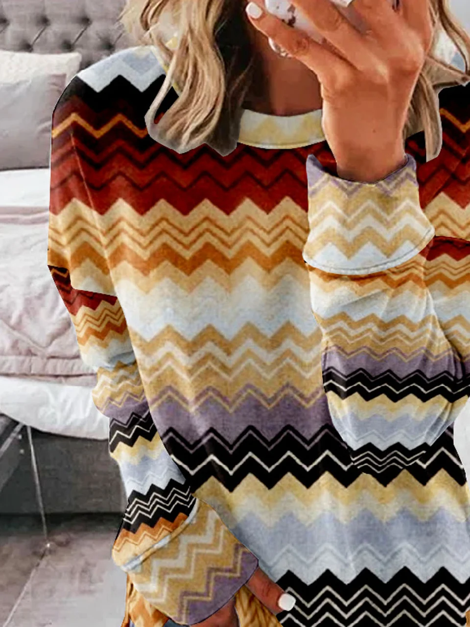 Casual Crew Neck Abstract Stripes Sweatshirt