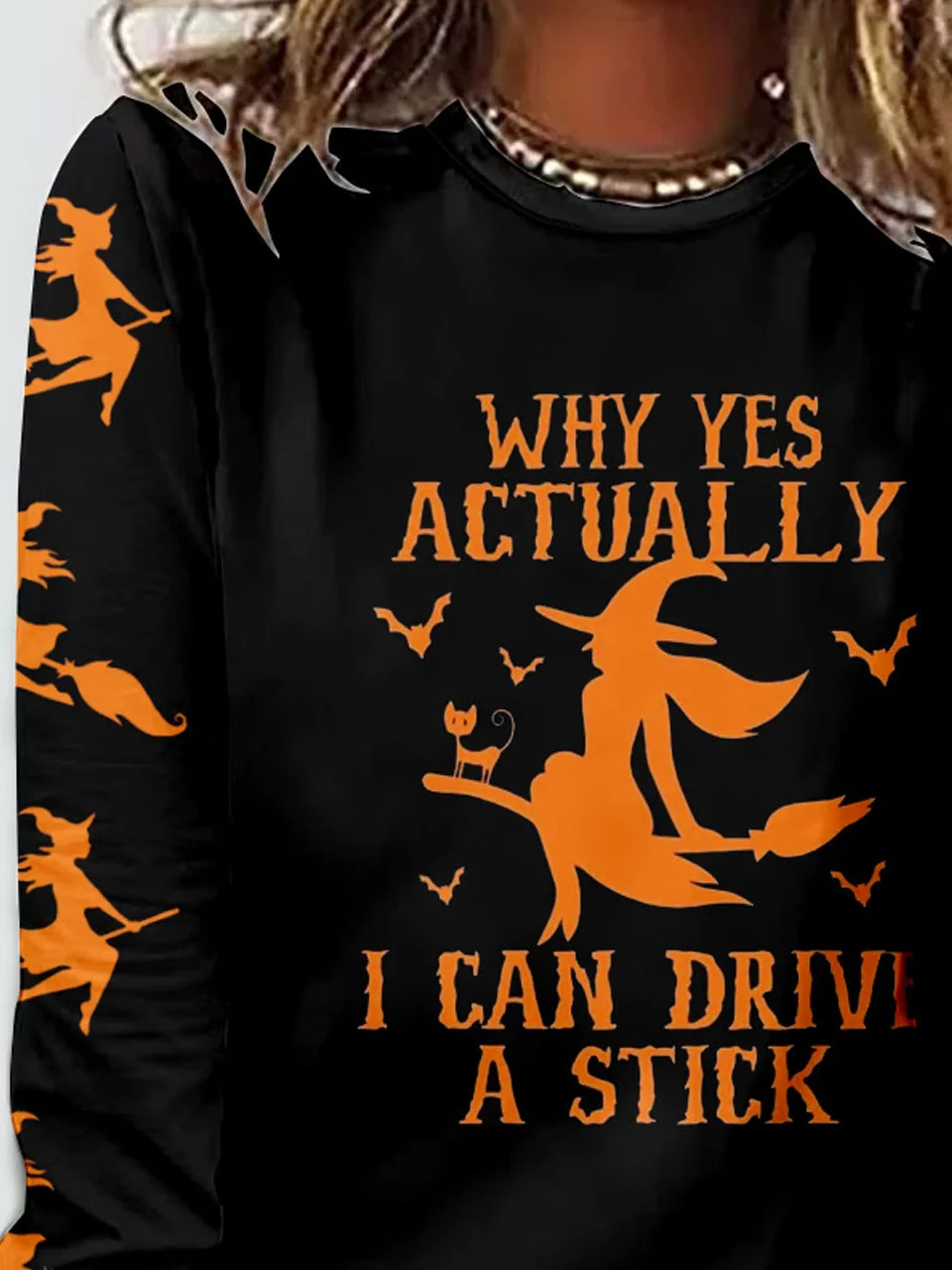 Halloween Casual Witch Pattern Text Letters Crew Neck Long Sleeve T-shirt