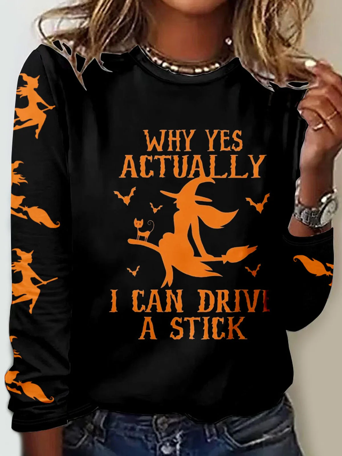 Halloween Casual Witch Pattern Text Letters Crew Neck Long Sleeve T-shirt