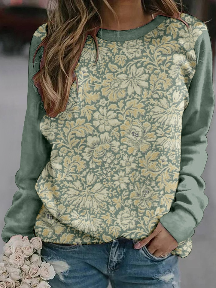 Casual Crew Neck Floral Sweatshirt