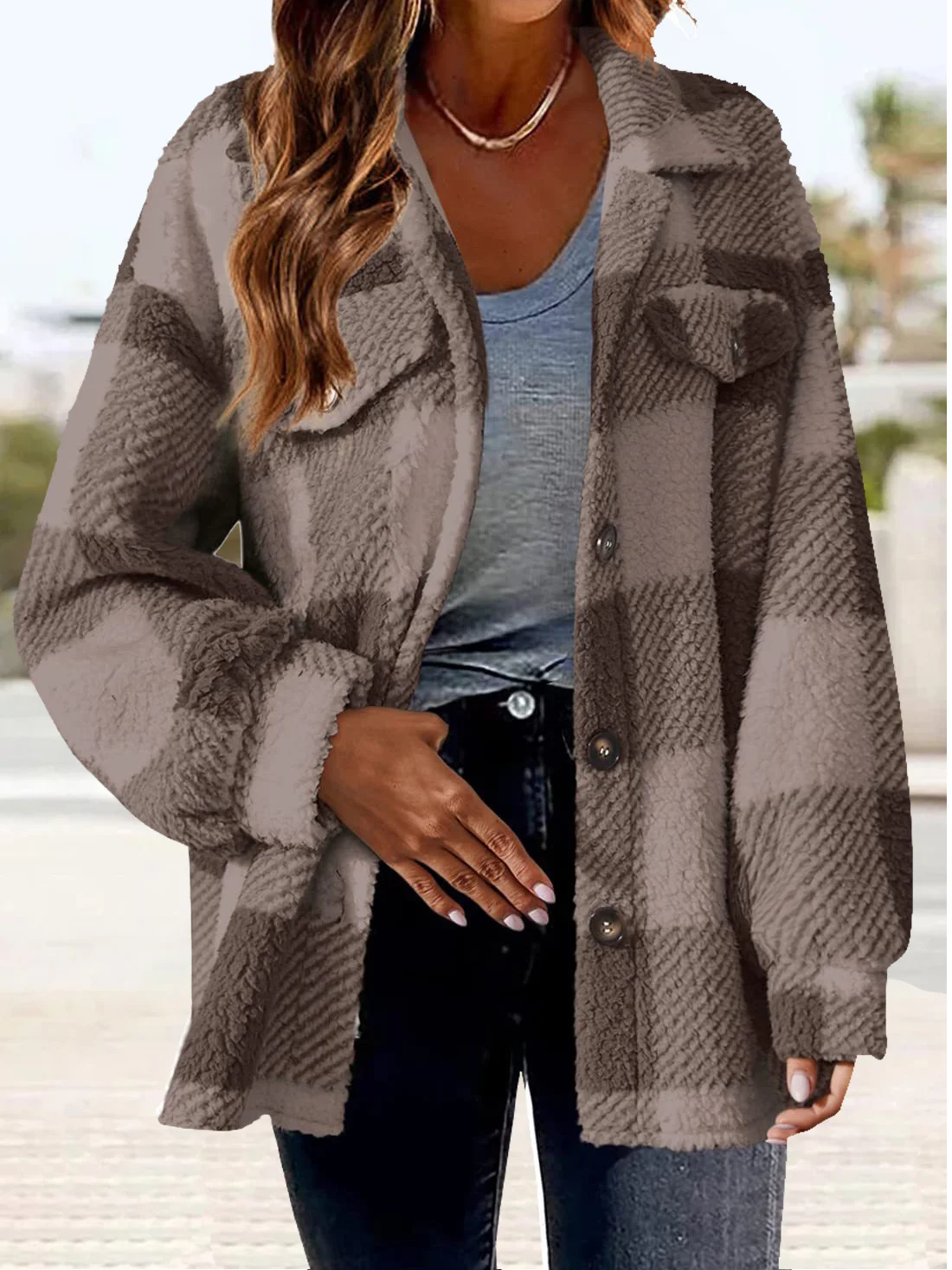 Women's Plaid Shirt Jacket Buttoned Thicken Loose Teddy Jacket