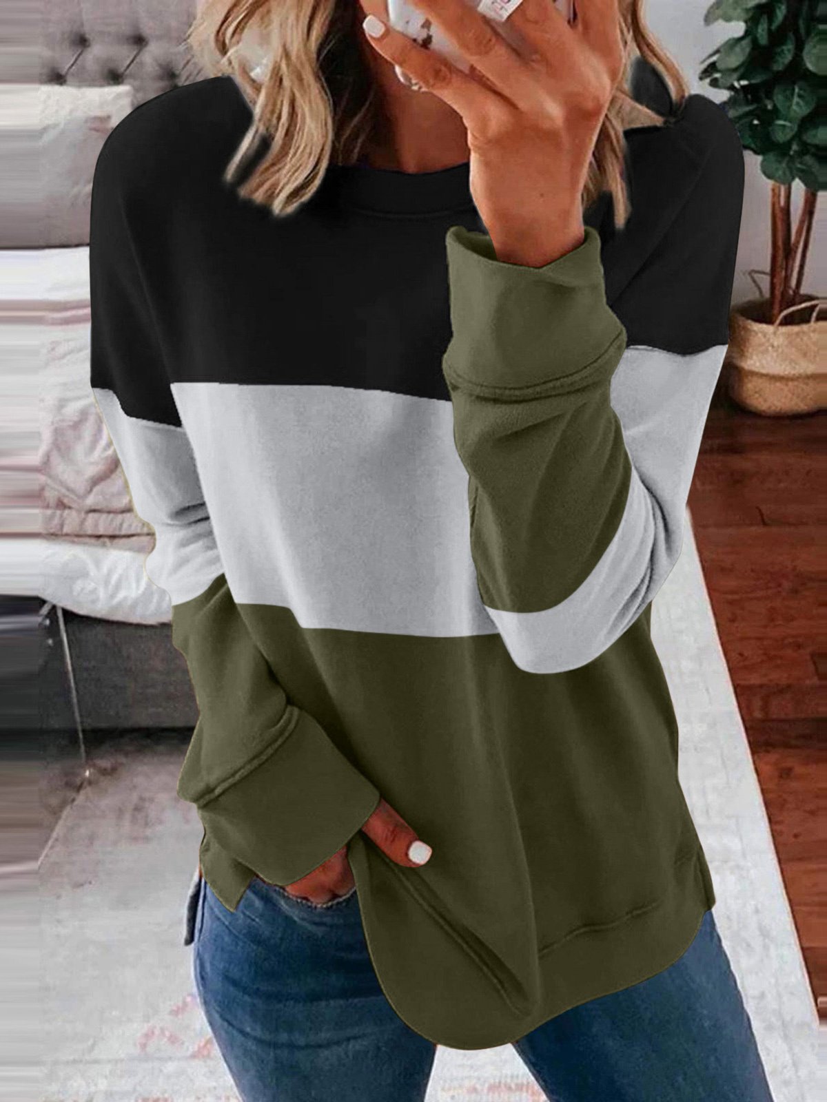 Casual Crew Neck Color Block Sweatshirt