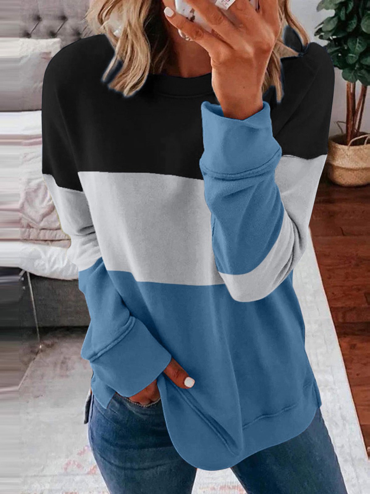 Casual Crew Neck Color Block Sweatshirt