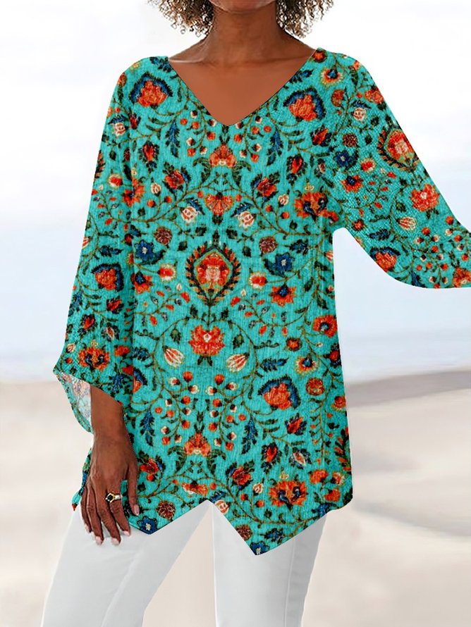 V Neck Long Sleeve Paisley Irregular Craftsmanship Regular Loose TUNIC Blouse For Women