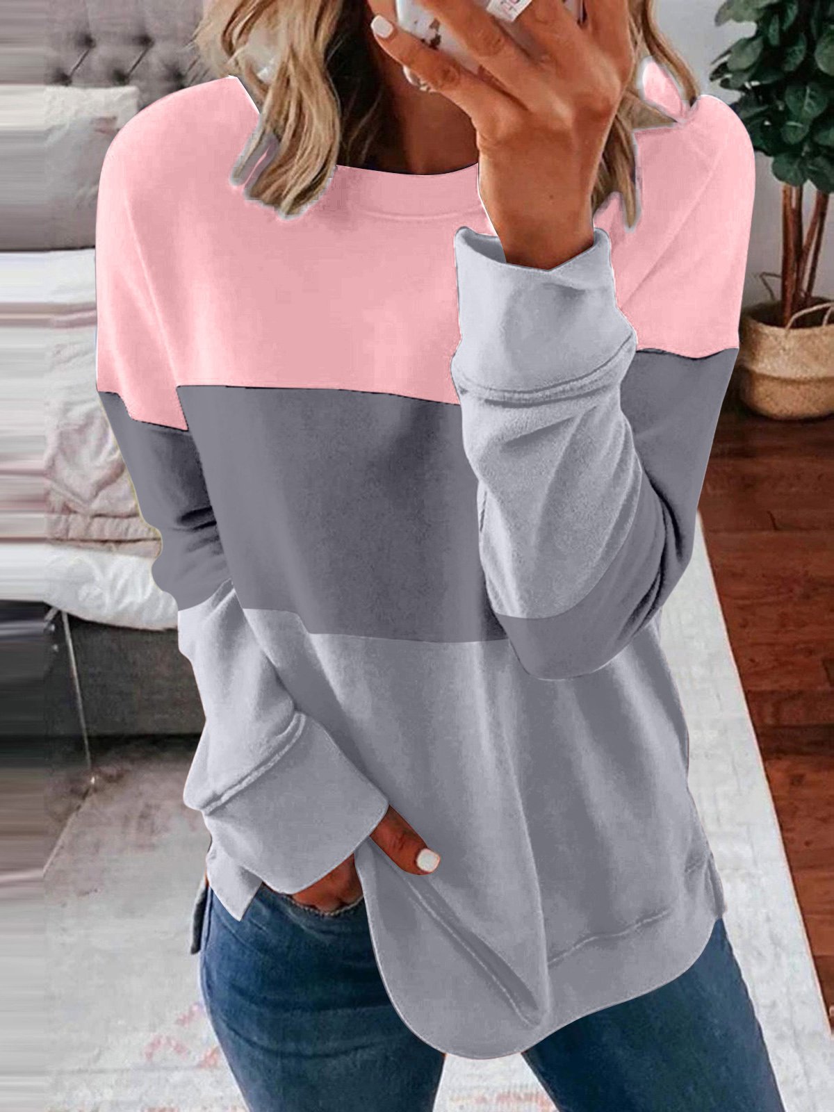 Casual Crew Neck Color Block Sweatshirt