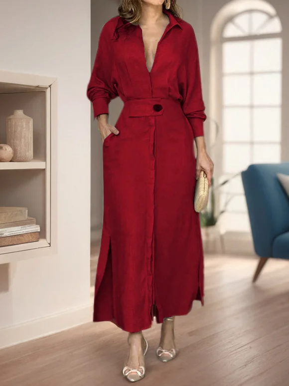 Women Plain Shawl Collar Long Sleeve Comfy Casual Maxi Dress