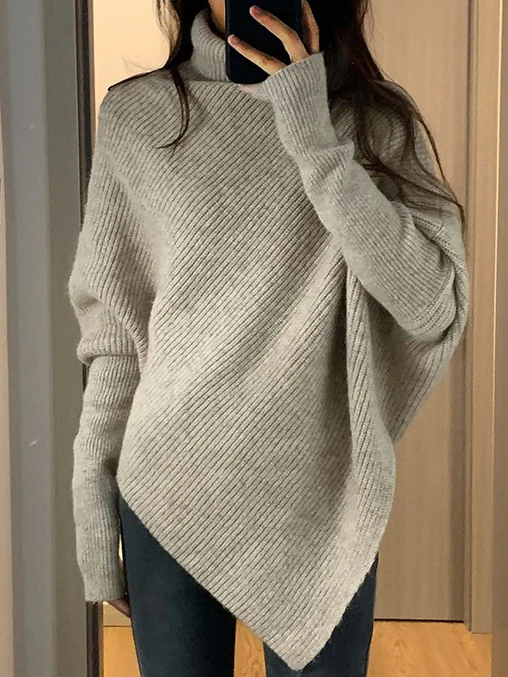 Women Yarn/Wool Yarn Plain Long Sleeve Comfy Casual Sweater