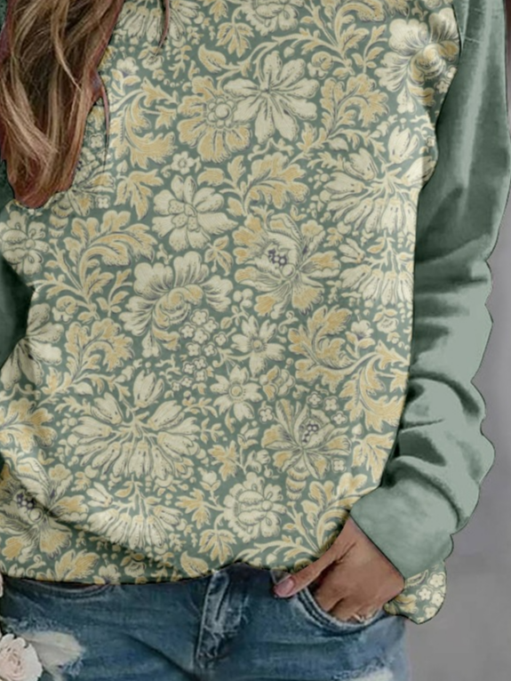 Casual Crew Neck Floral Sweatshirt