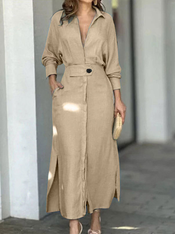 Women Plain Shawl Collar Long Sleeve Comfy Casual Maxi Dress