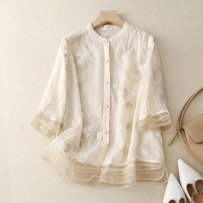 Stand Collar Half Sleeve Embroidery Patterns Regular Loose Shirt For Women