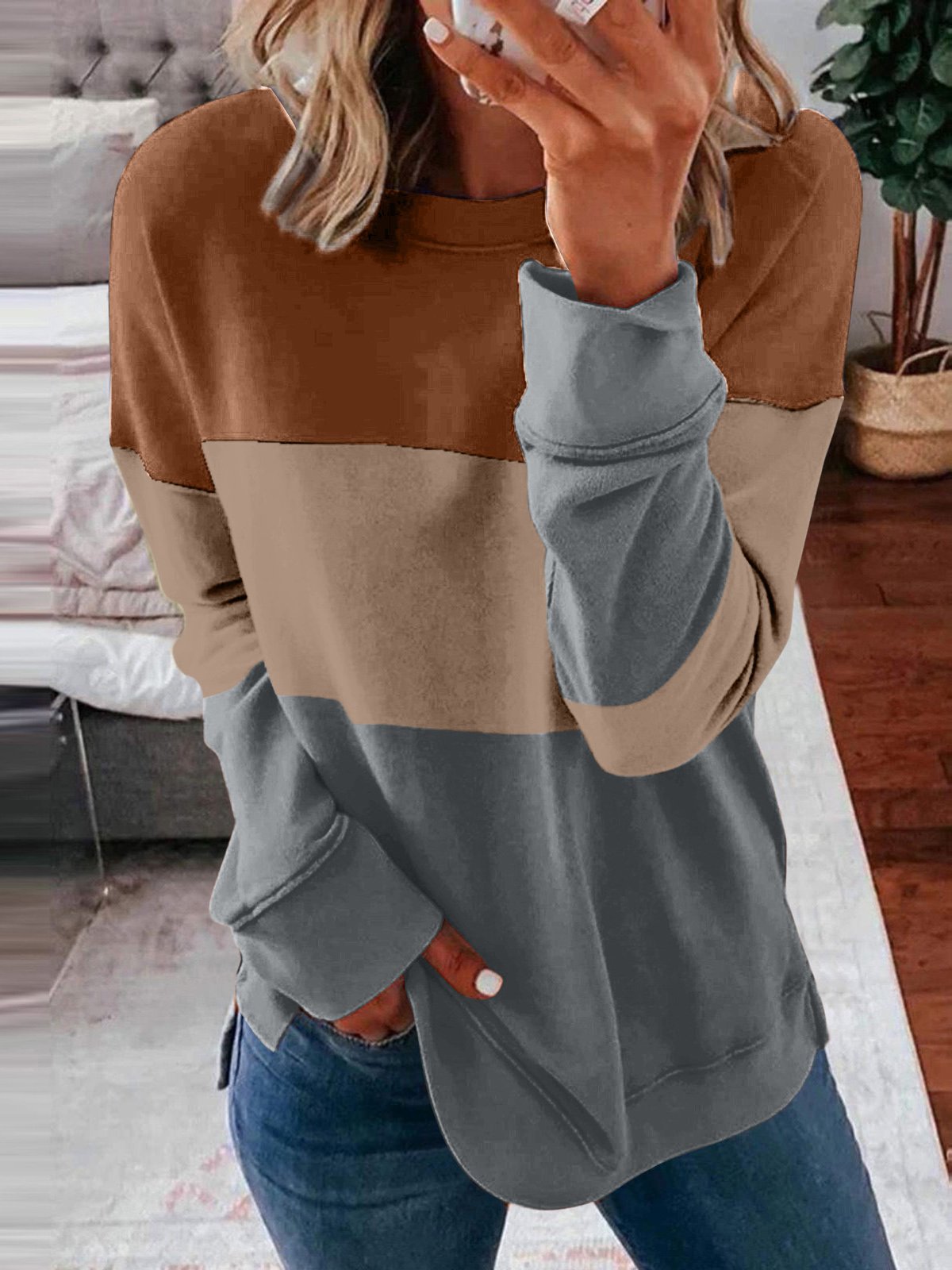 Casual Crew Neck Color Block Sweatshirt