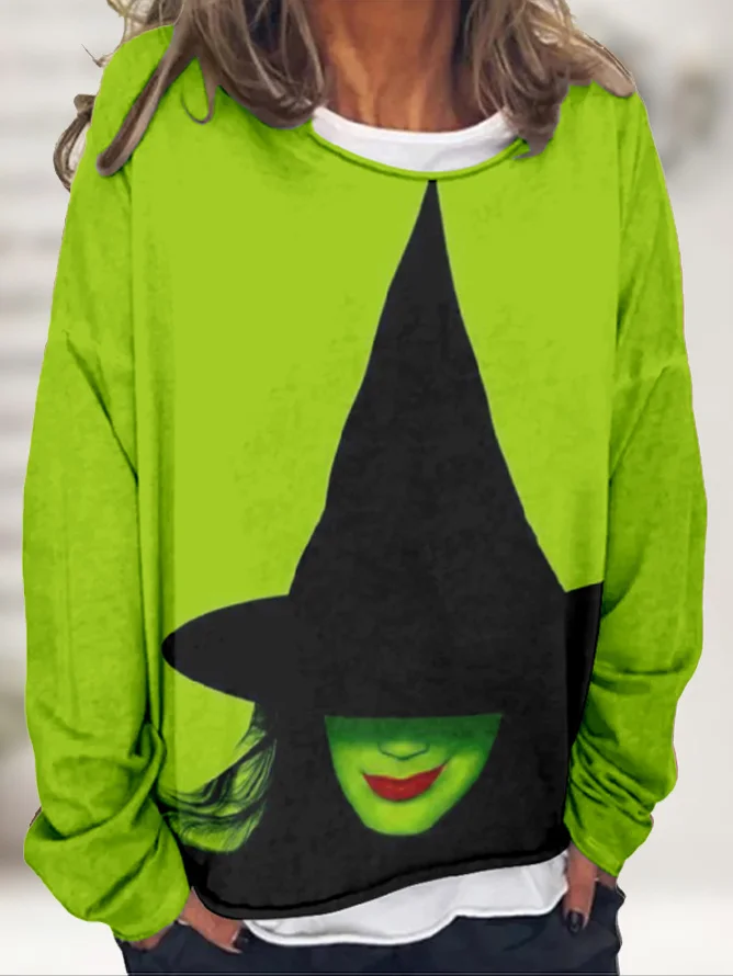 Halloween Casual Witch Pattern Crew Neck Figure Sweatshirt