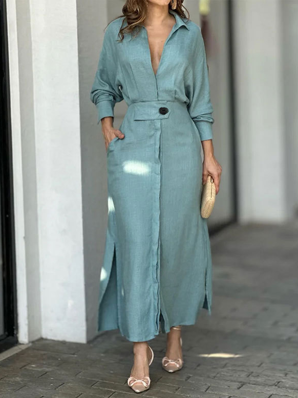 Women Plain Shawl Collar Long Sleeve Comfy Casual Maxi Dress