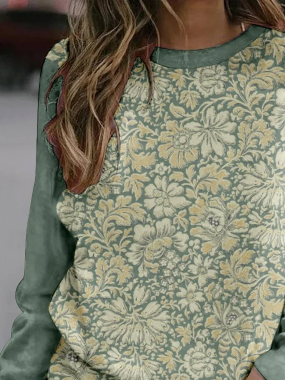 Casual Crew Neck Floral Sweatshirt