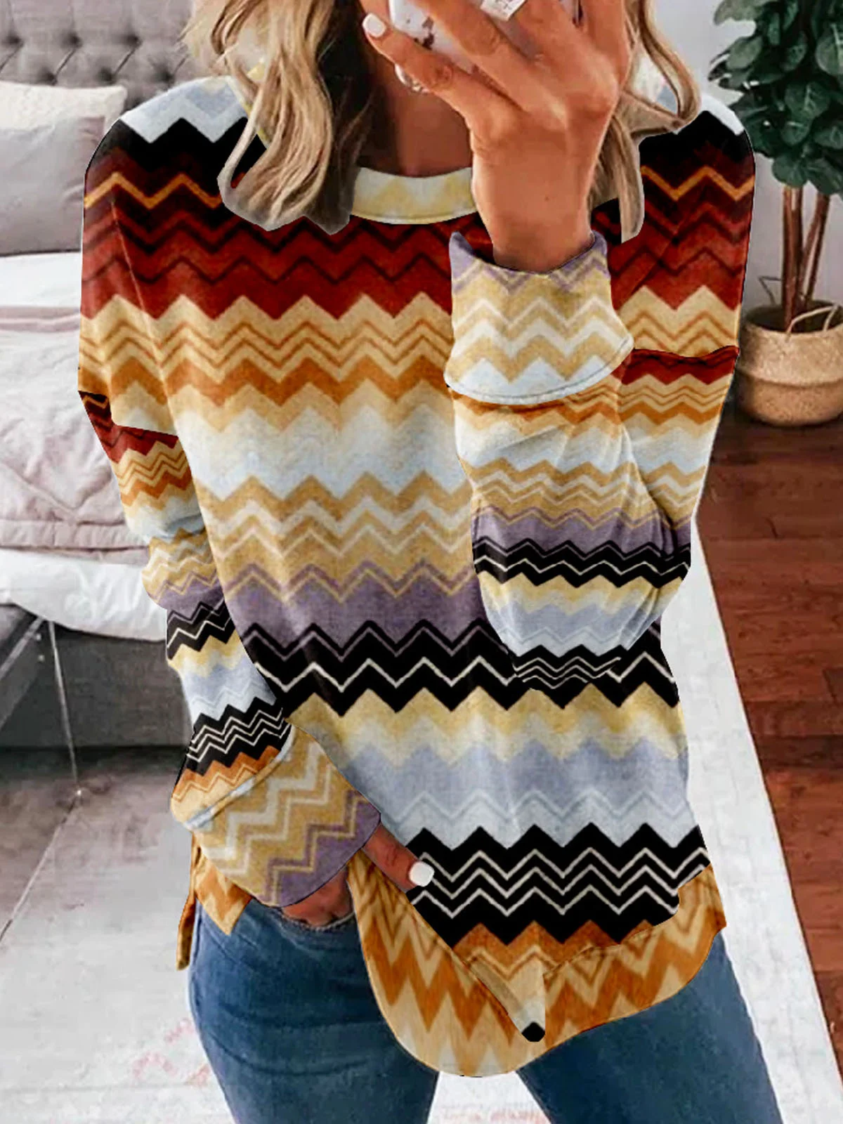 Casual Crew Neck Abstract Stripes Sweatshirt