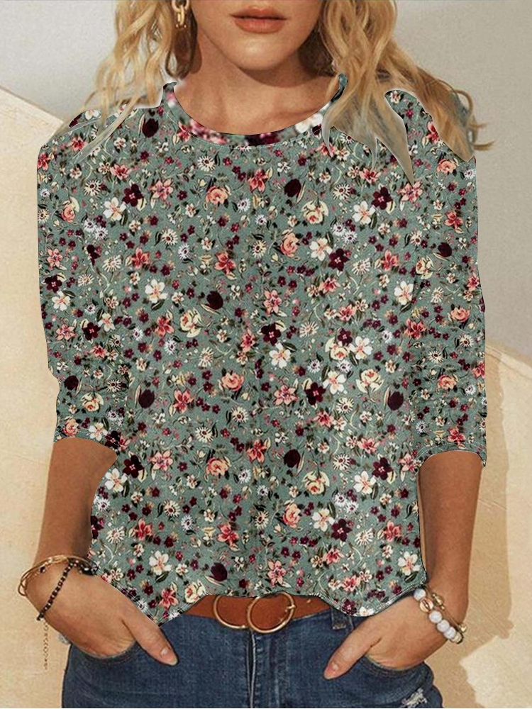 Casual Floral Crew Neck Long Sleeve T-shirt