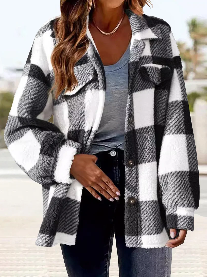 Women's Plaid Shirt Jacket Buttoned Thicken Loose Teddy Jacket