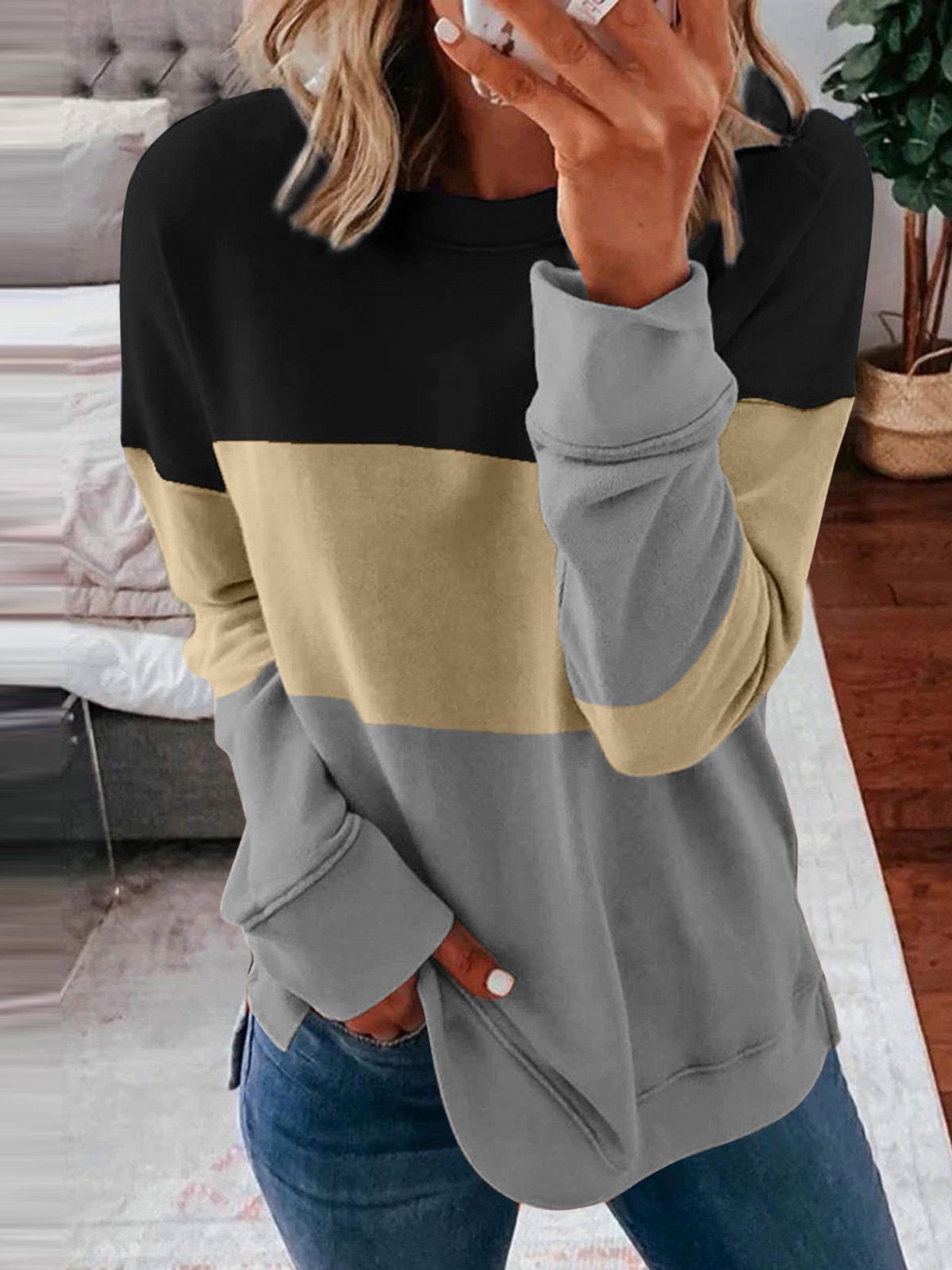 Casual Crew Neck Color Block Sweatshirt