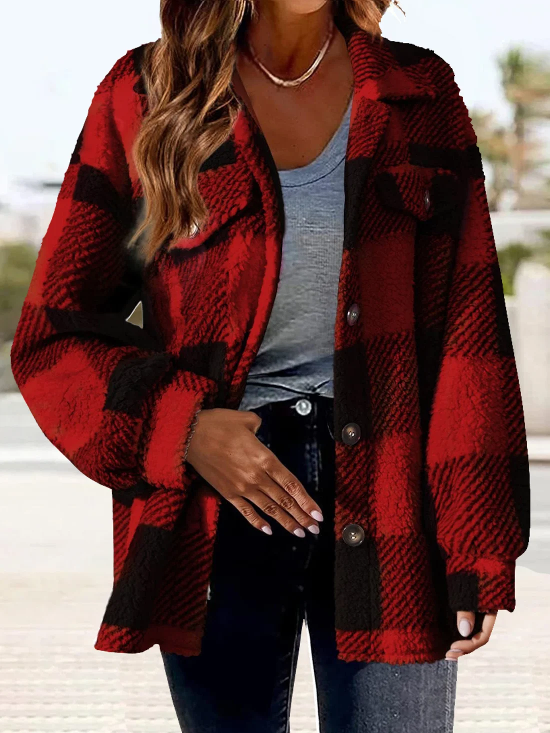 Women's Plaid Shirt Jacket Buttoned Thicken Loose Teddy Jacket