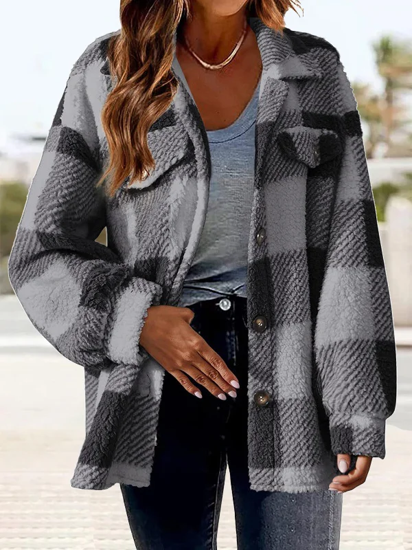 Women's Plaid Shirt Jacket Buttoned Thicken Loose Teddy Jacket