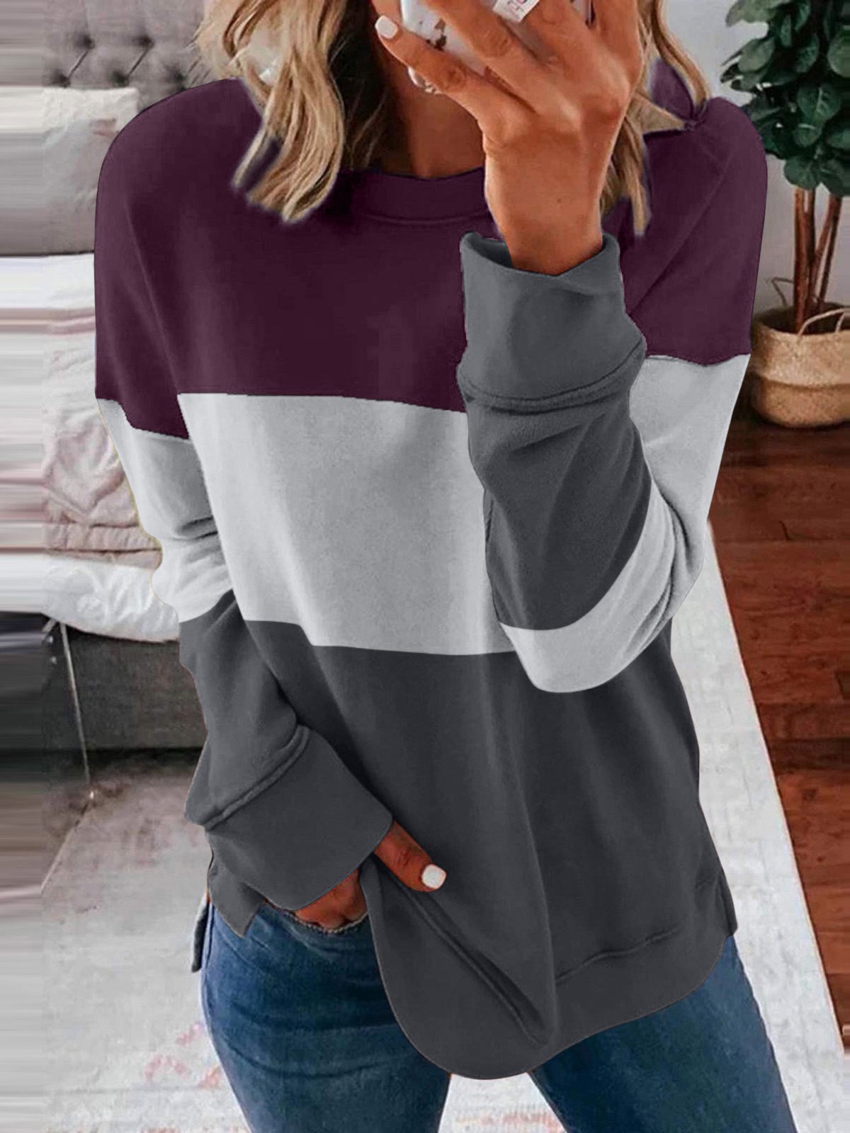 Casual Crew Neck Color Block Sweatshirt