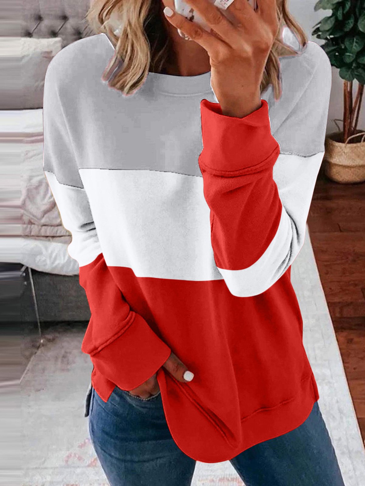 Casual Crew Neck Color Block Sweatshirt