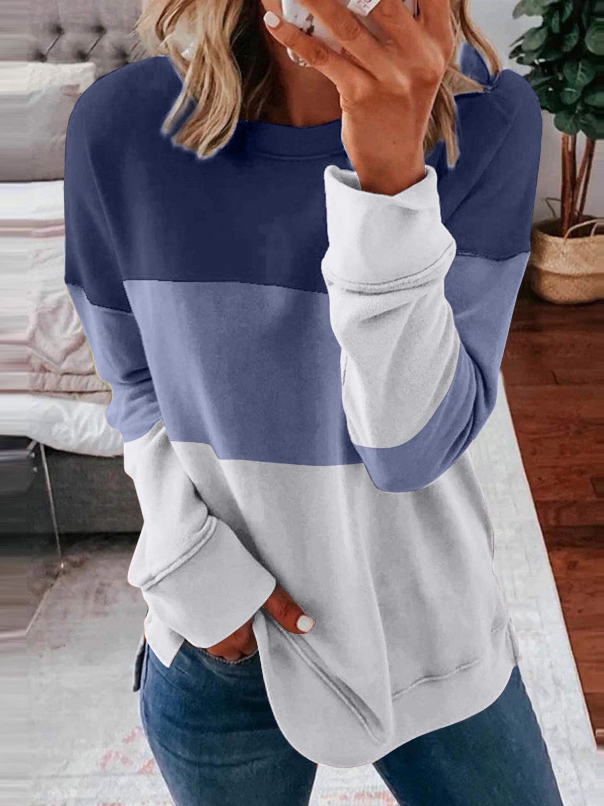 Casual Crew Neck Color Block Sweatshirt