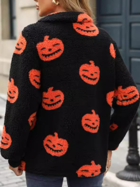 Casual Halloween Pumpkin Pattern Loose Fleece Sweatshirt