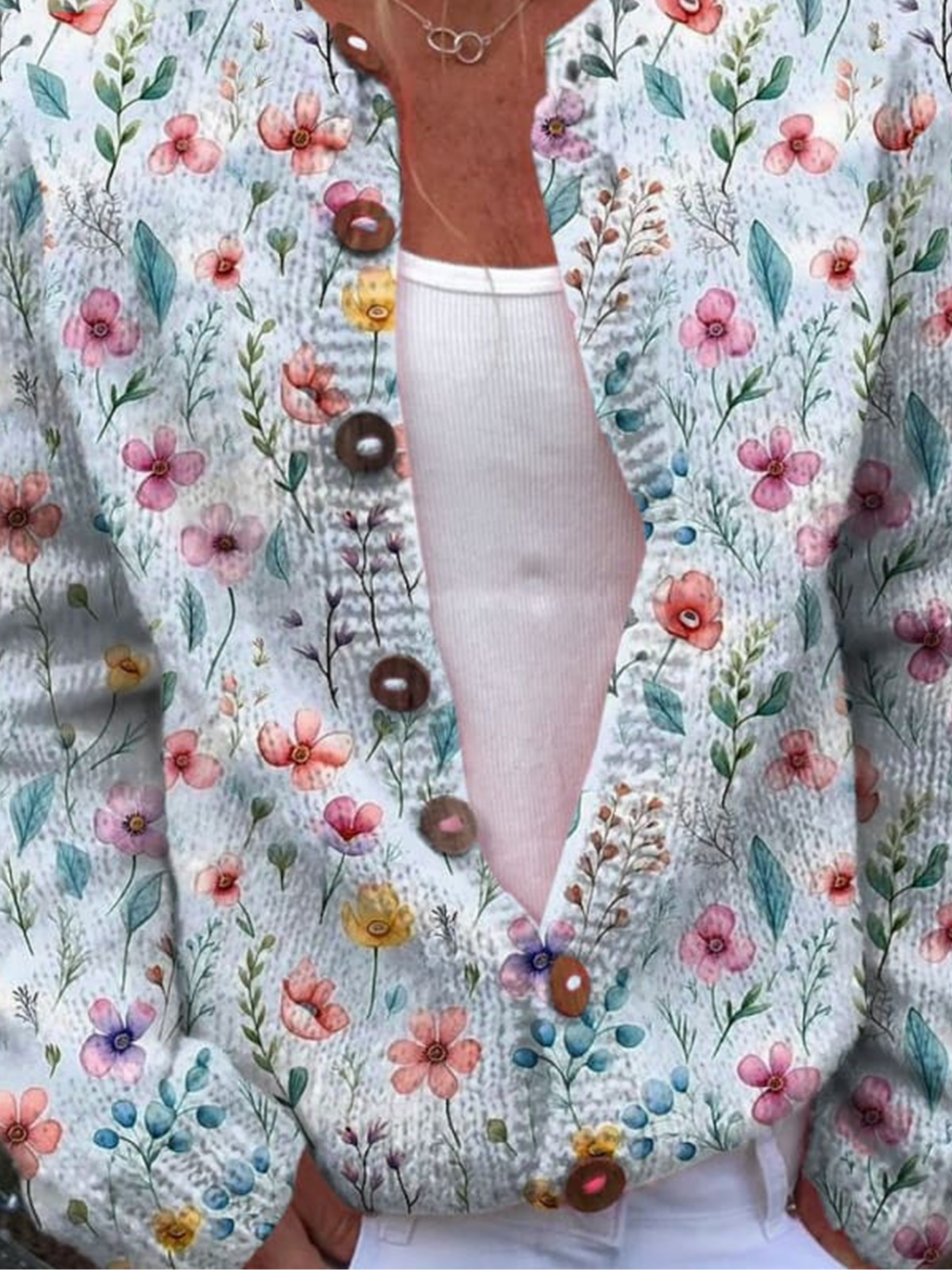 Women Floral Long Sleeve Comfy Casual Buckle Cardigan