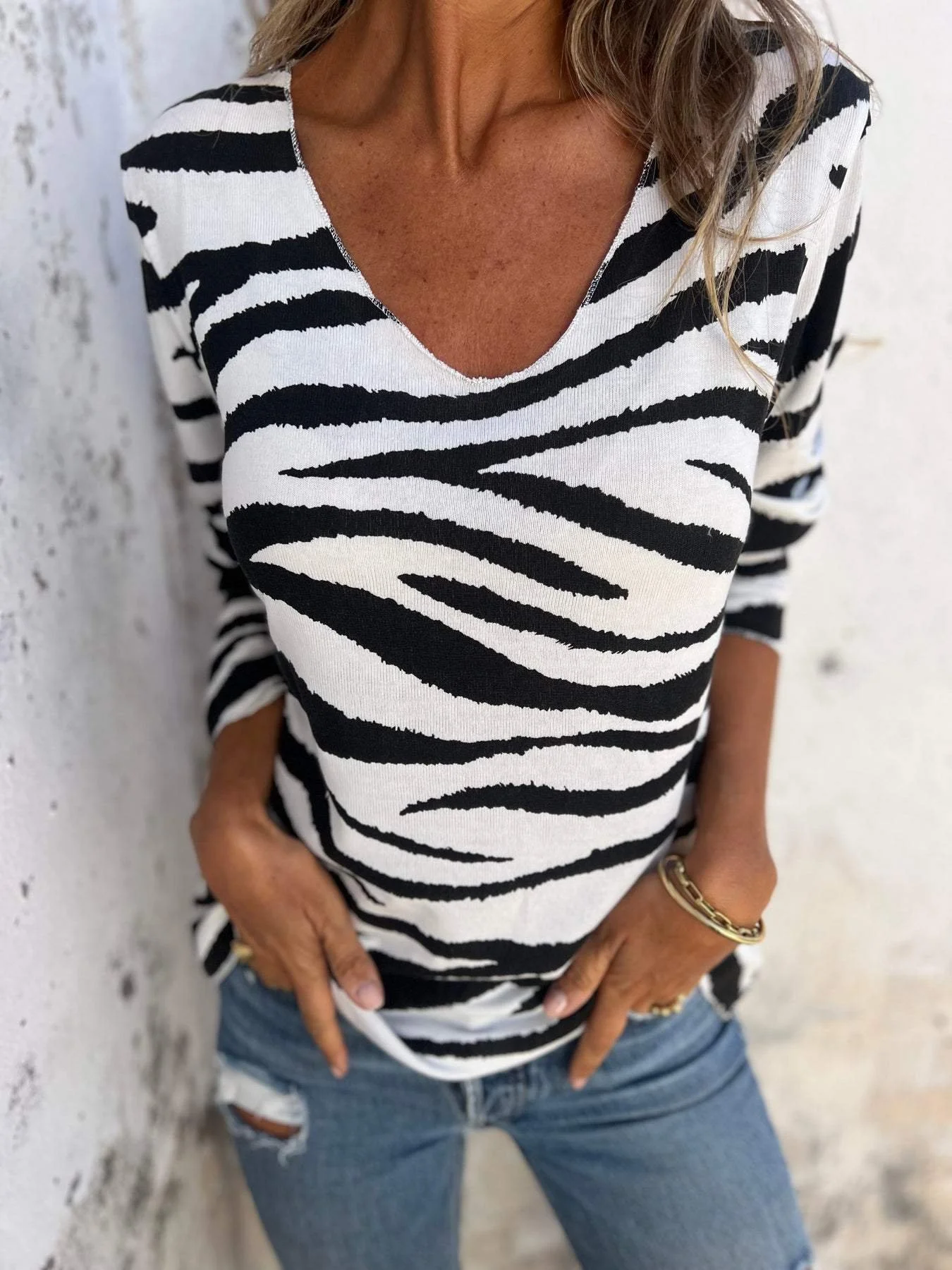 Casual Striped V Neck Long Sleeve T-shirt