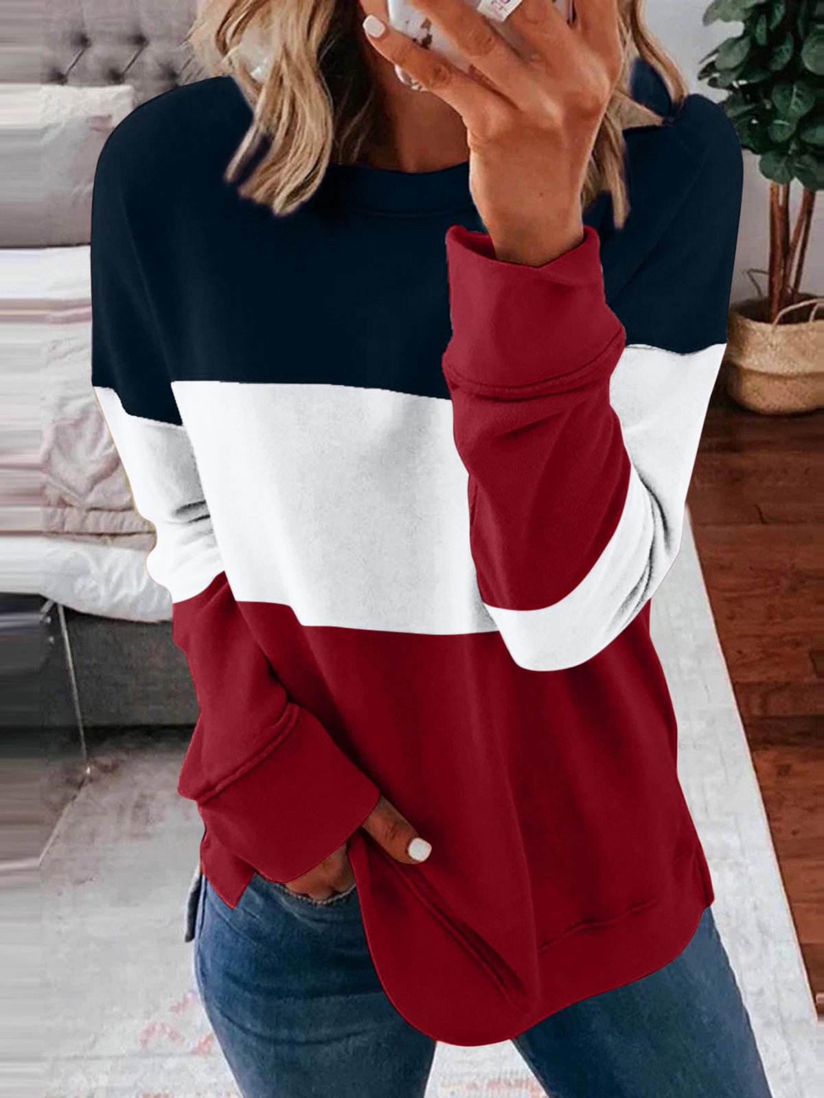 Casual Crew Neck Color Block Sweatshirt