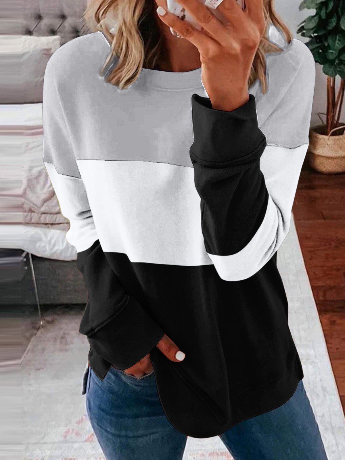 Casual Crew Neck Color Block Sweatshirt