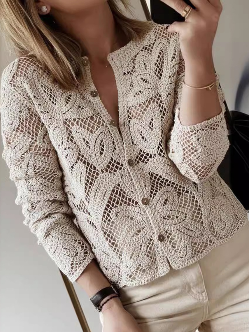 Women Wool/Knitting Plain Long Sleeve Comfy Casual Lace Cardigan