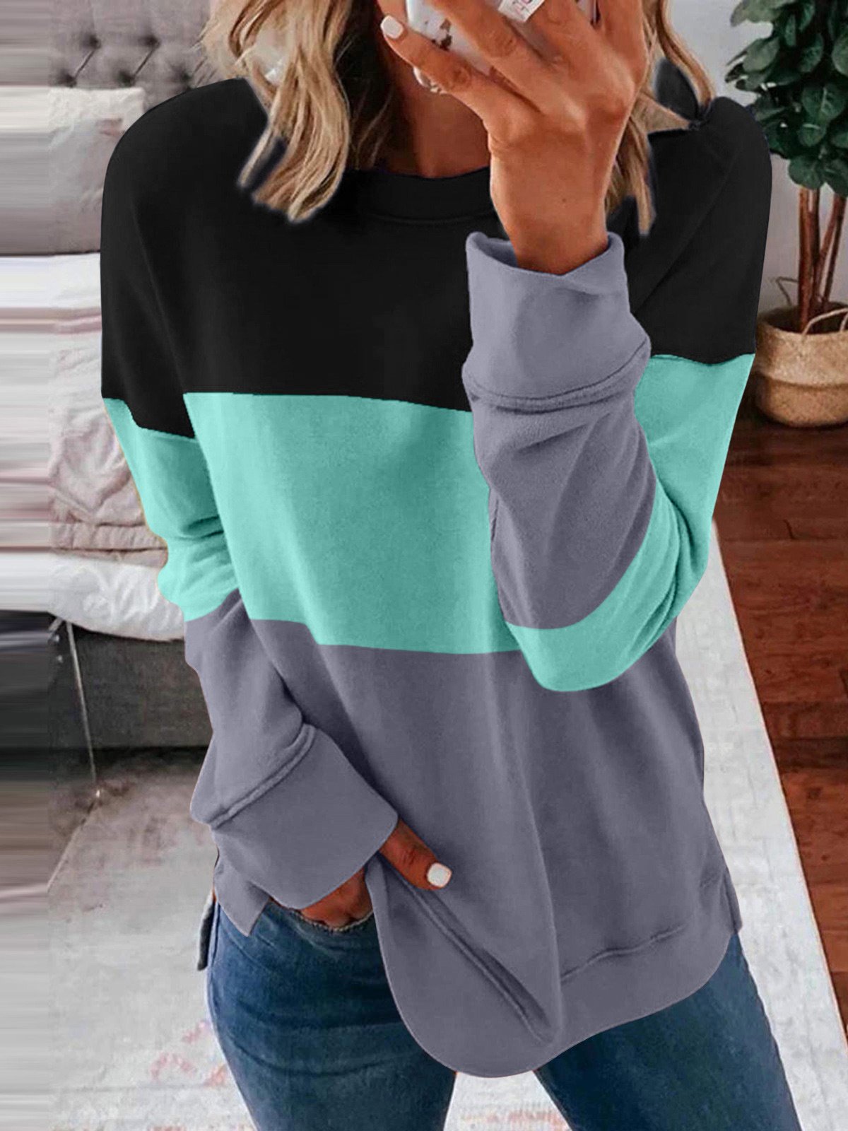 Casual Crew Neck Color Block Sweatshirt