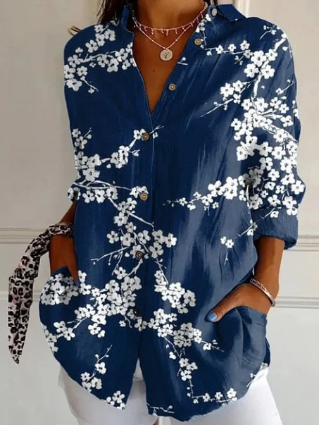 Shirt Collar Long Sleeve Floral Buttoned Regular Loose TUNIC Shirt For Women