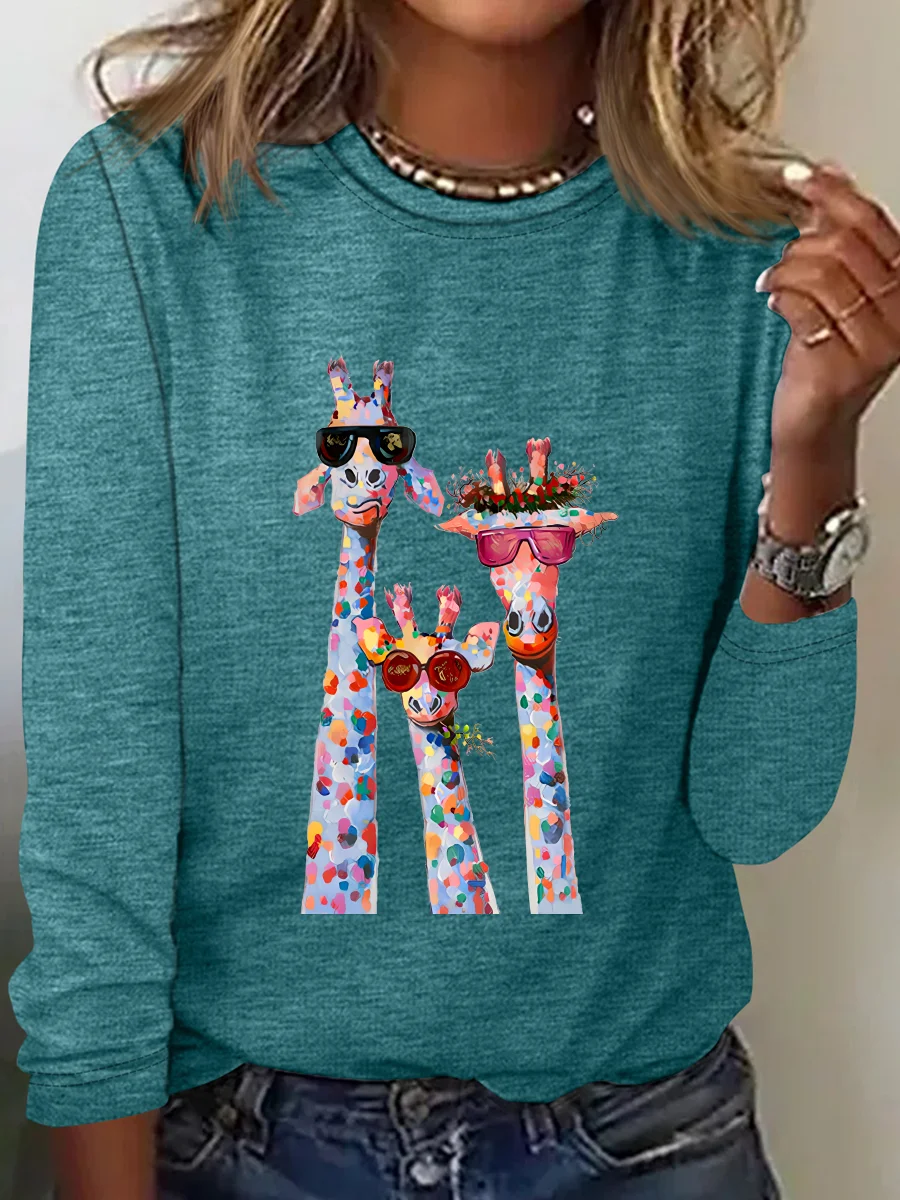 Casual Cat Crew Neck Long Sleeve T-shirt